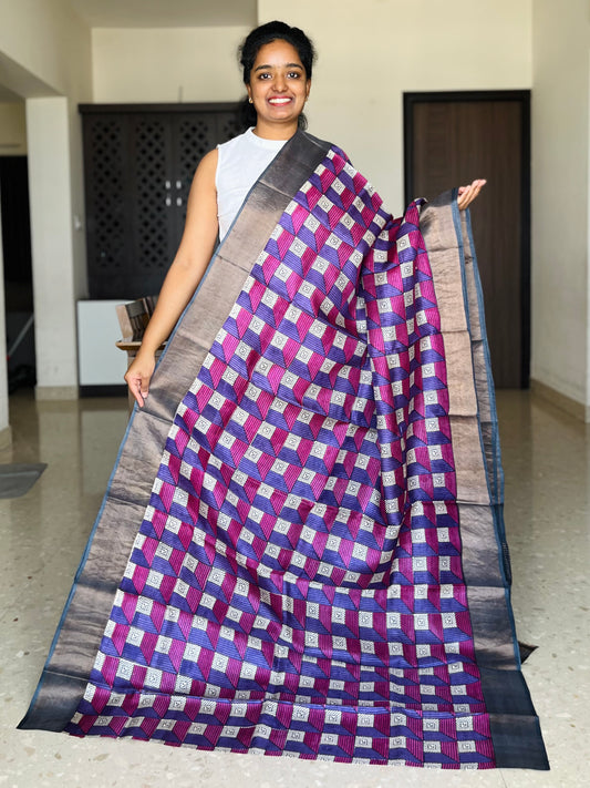 Pink and Purple Tussar Silk Saree with Prints