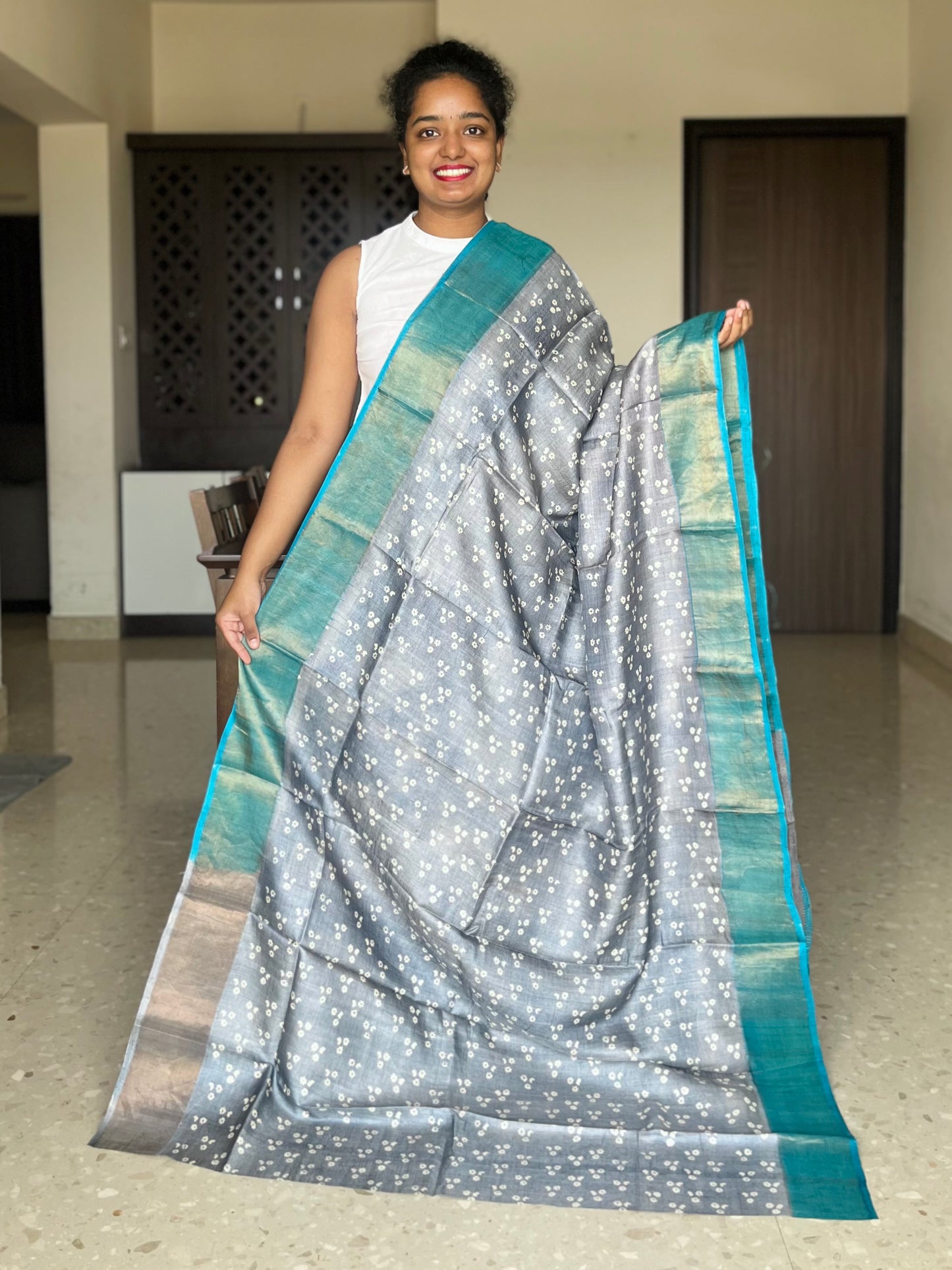Grey and Blue Tussar Silk Saree with Prints