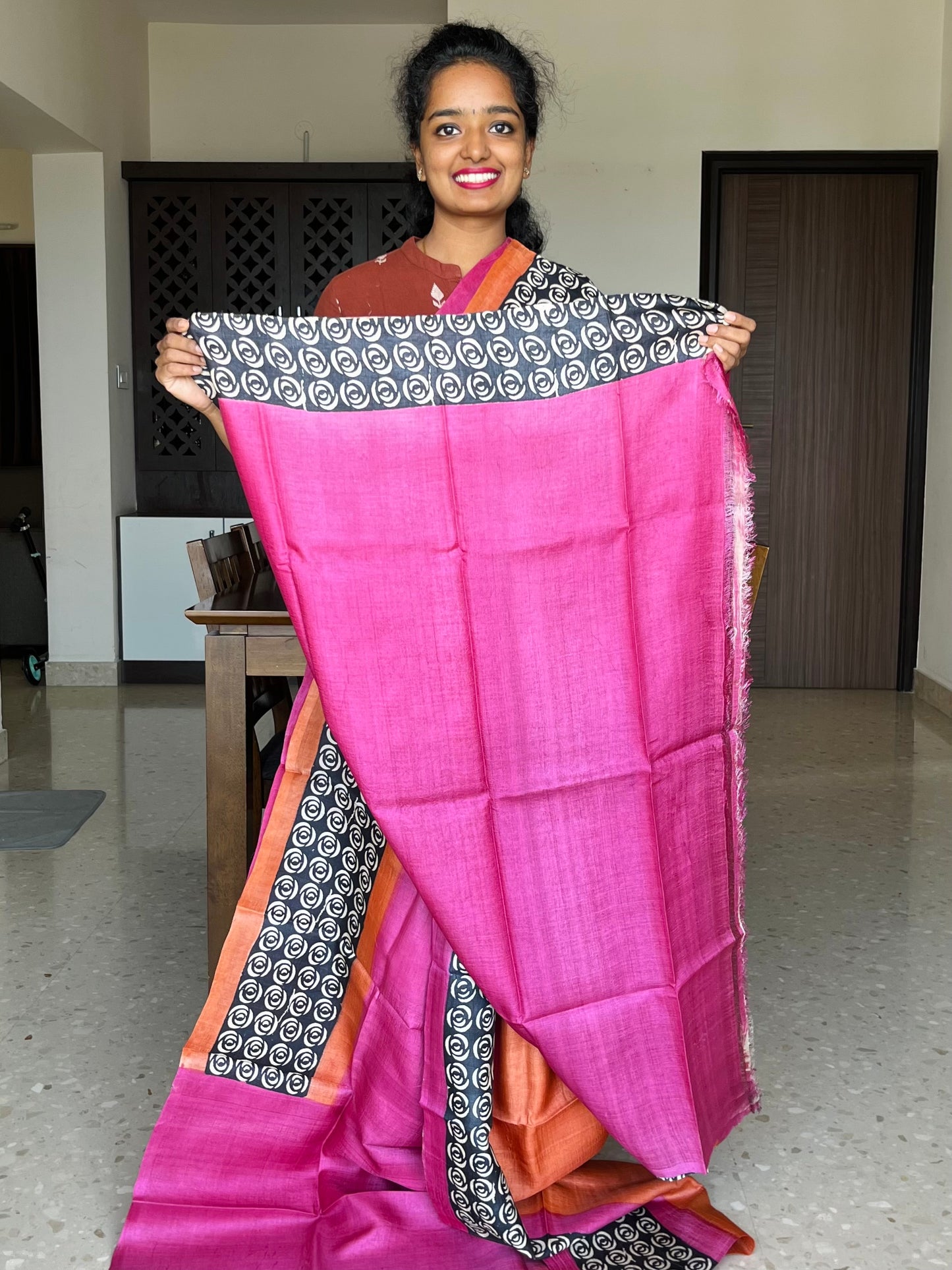 Pink and Orange Tussar Silk Saree with Prints