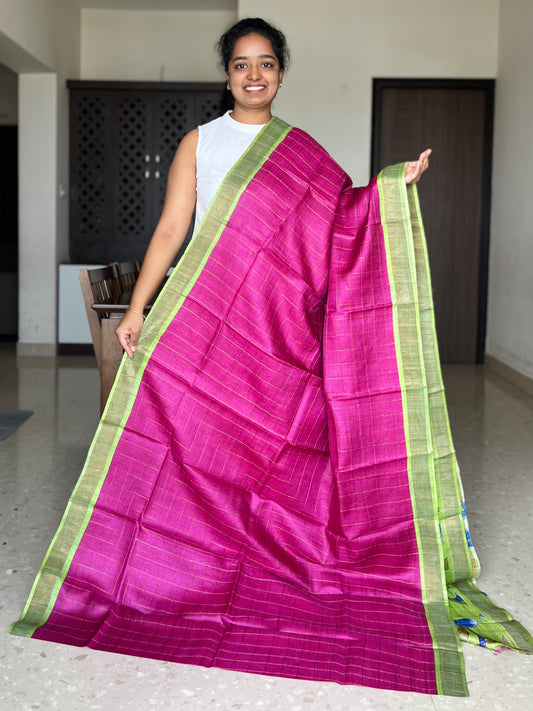 Magenta and Green Tussar Silk Saree with Prints