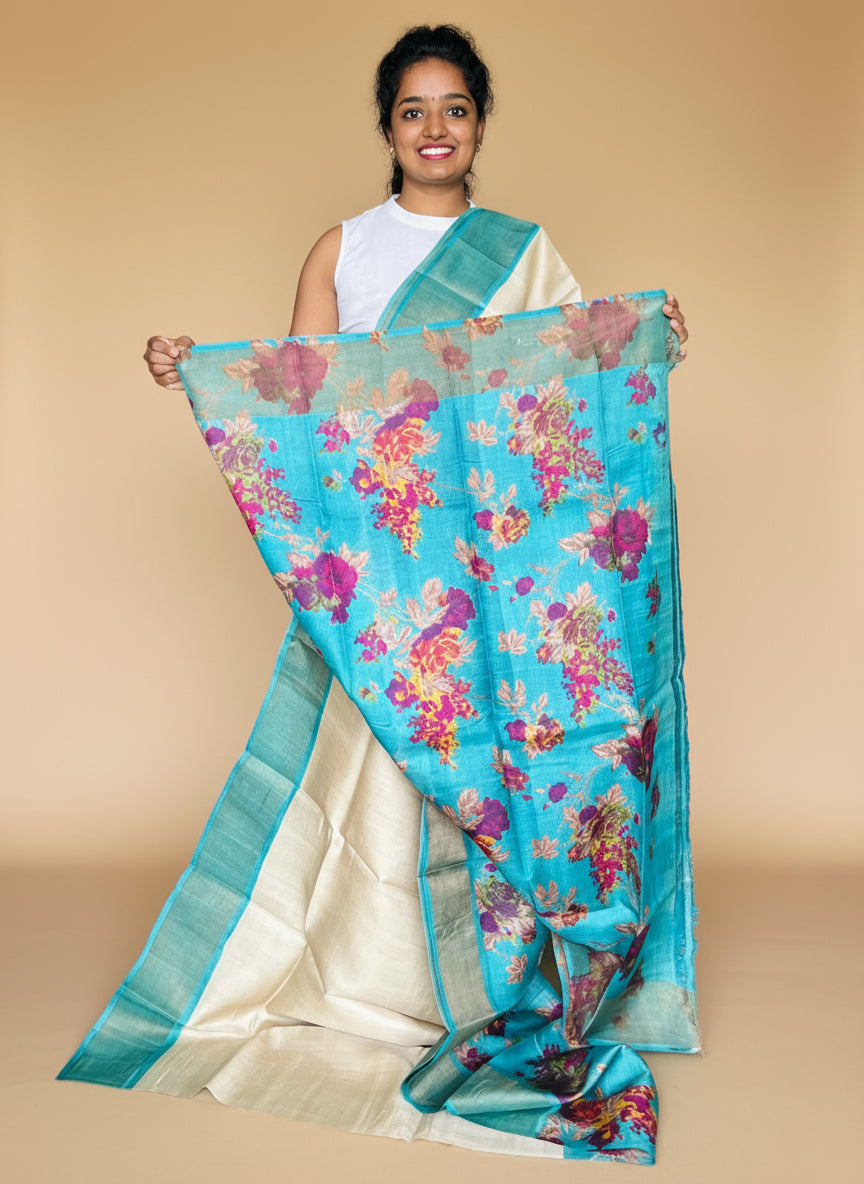 Cream and Blue Tussar Silk Saree with Prints