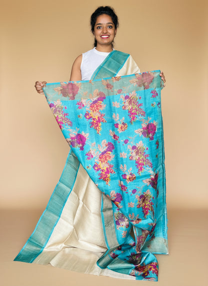 Cream and Blue Tussar Silk Saree with Prints
