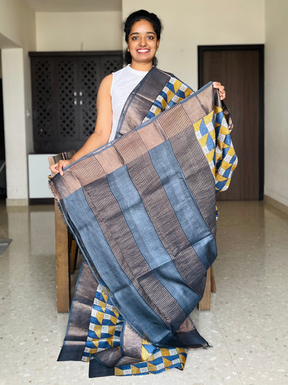 Yellow and Grey Tussar Silk Saree with Prints