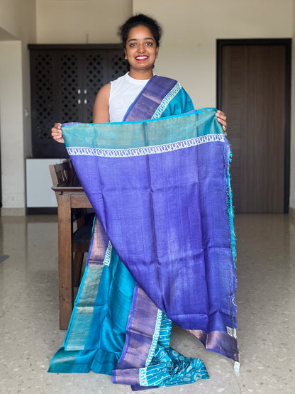 Blue Tussar Silk Saree with Prints