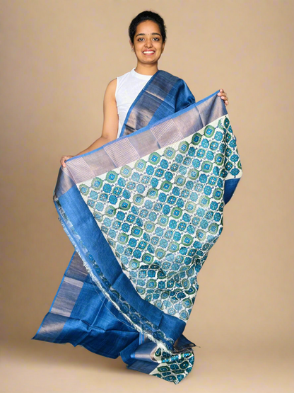 Royal Blue Tussar Silk Saree with Prints