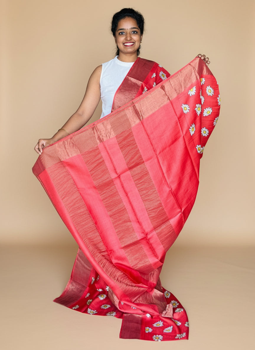 Red Tussar Silk Saree with Prints