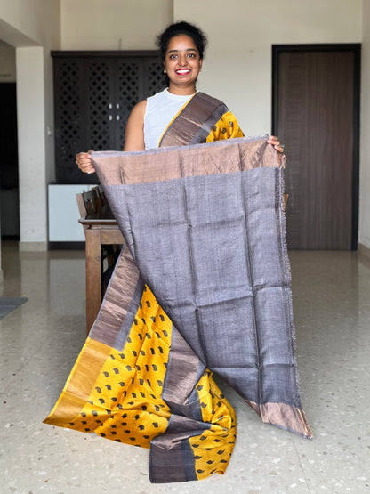 Yellow and Brown Tussar Silk Saree with Prints