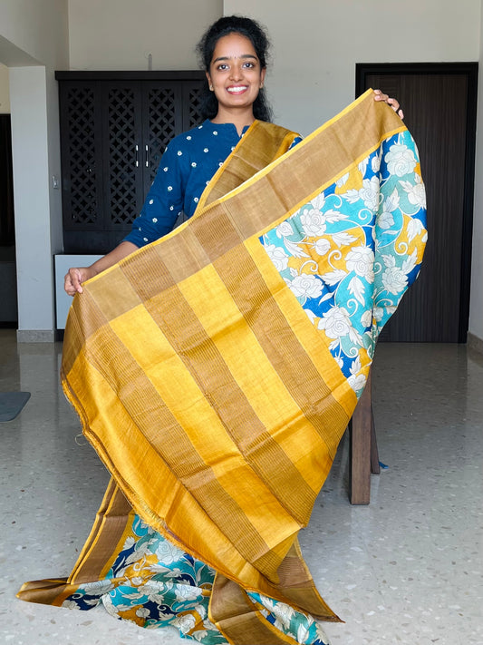 Cream, Yellow and Blue Tussar Silk Saree with Prints