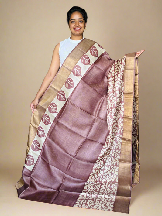 Brown Tussar Silk Saree with Prints