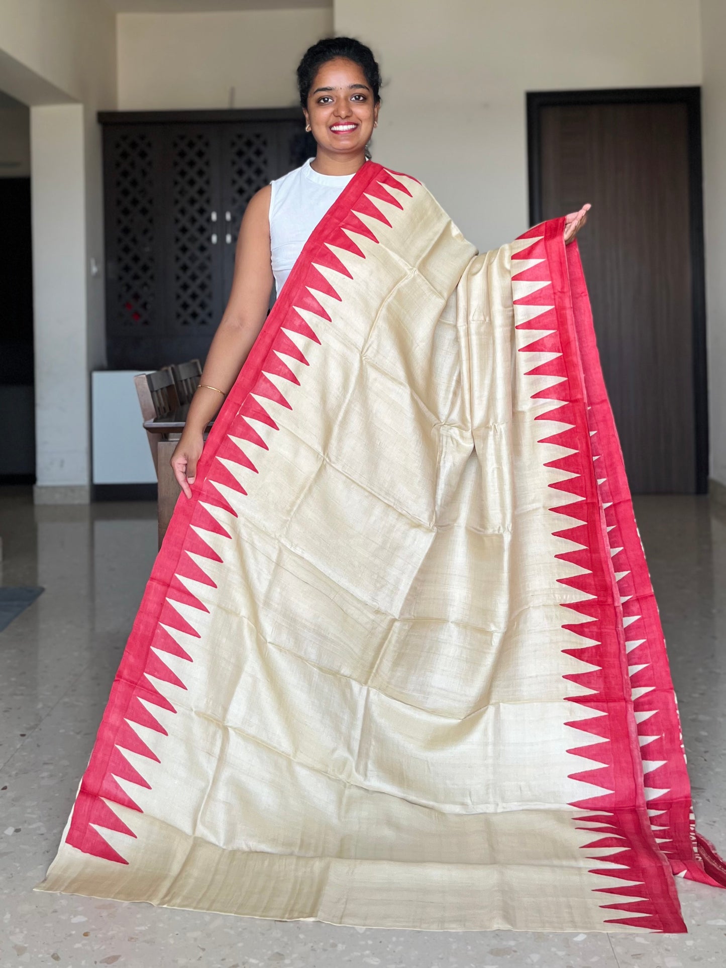 Cream and Red Tussar Silk Saree with Prints