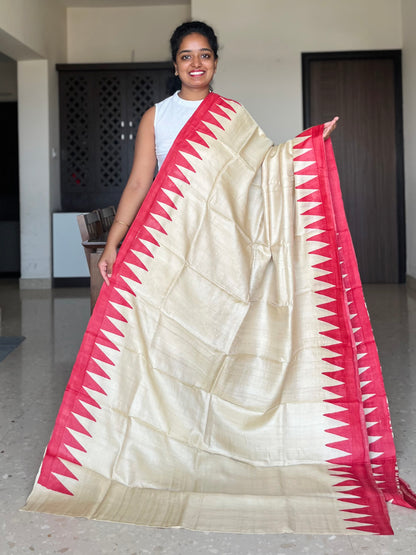 Cream and Red Tussar Silk Saree with Prints