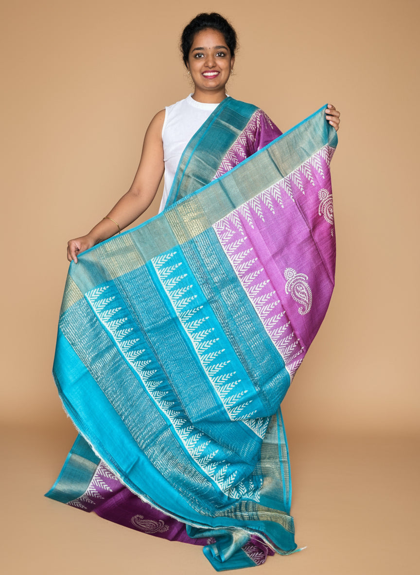Purple and Blue Tussar Silk Saree with Prints