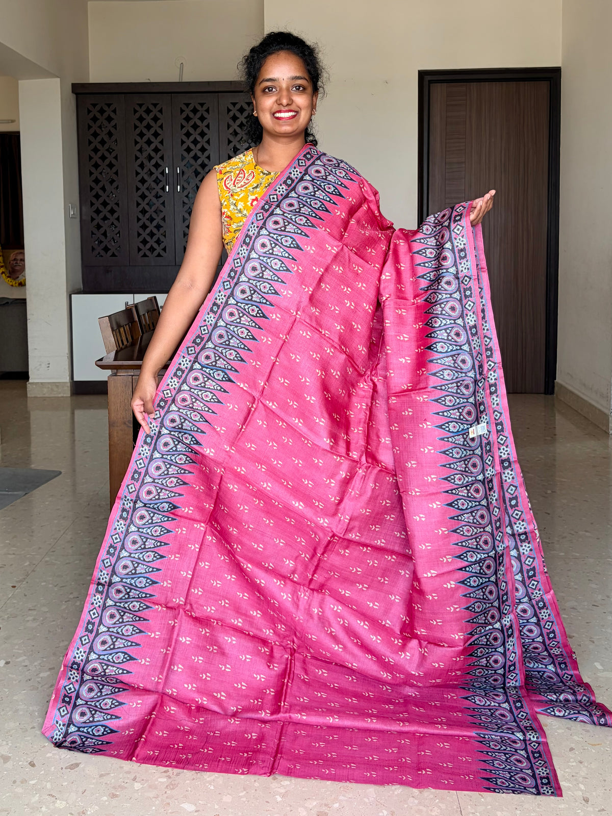 Pink Tussar Silk Saree with Prints