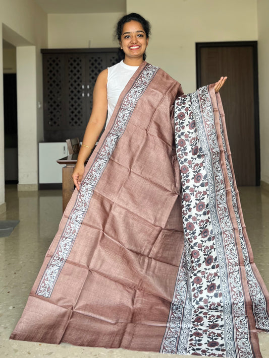 Brown Tussar Silk Saree with Prints