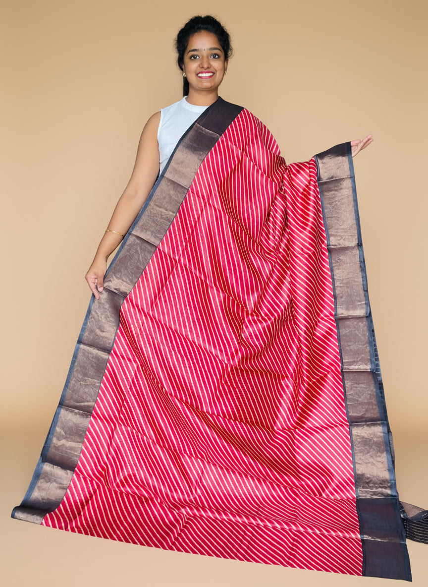 Red and Black Tussar Silk Saree with Prints