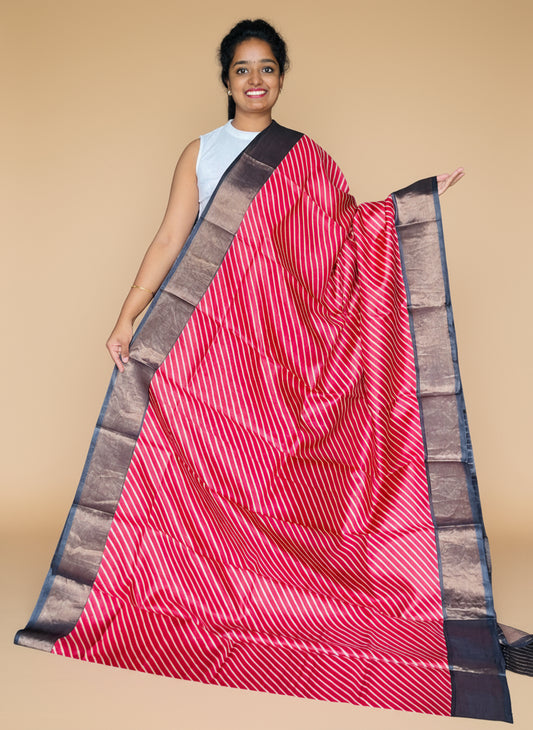 Red and Black Tussar Silk Saree with Prints