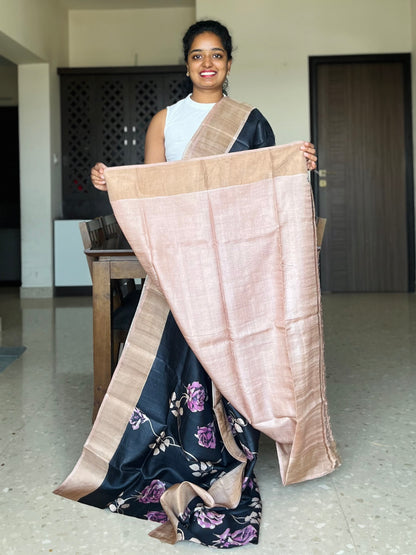 Black and Peach Tussar Silk Saree with Prints