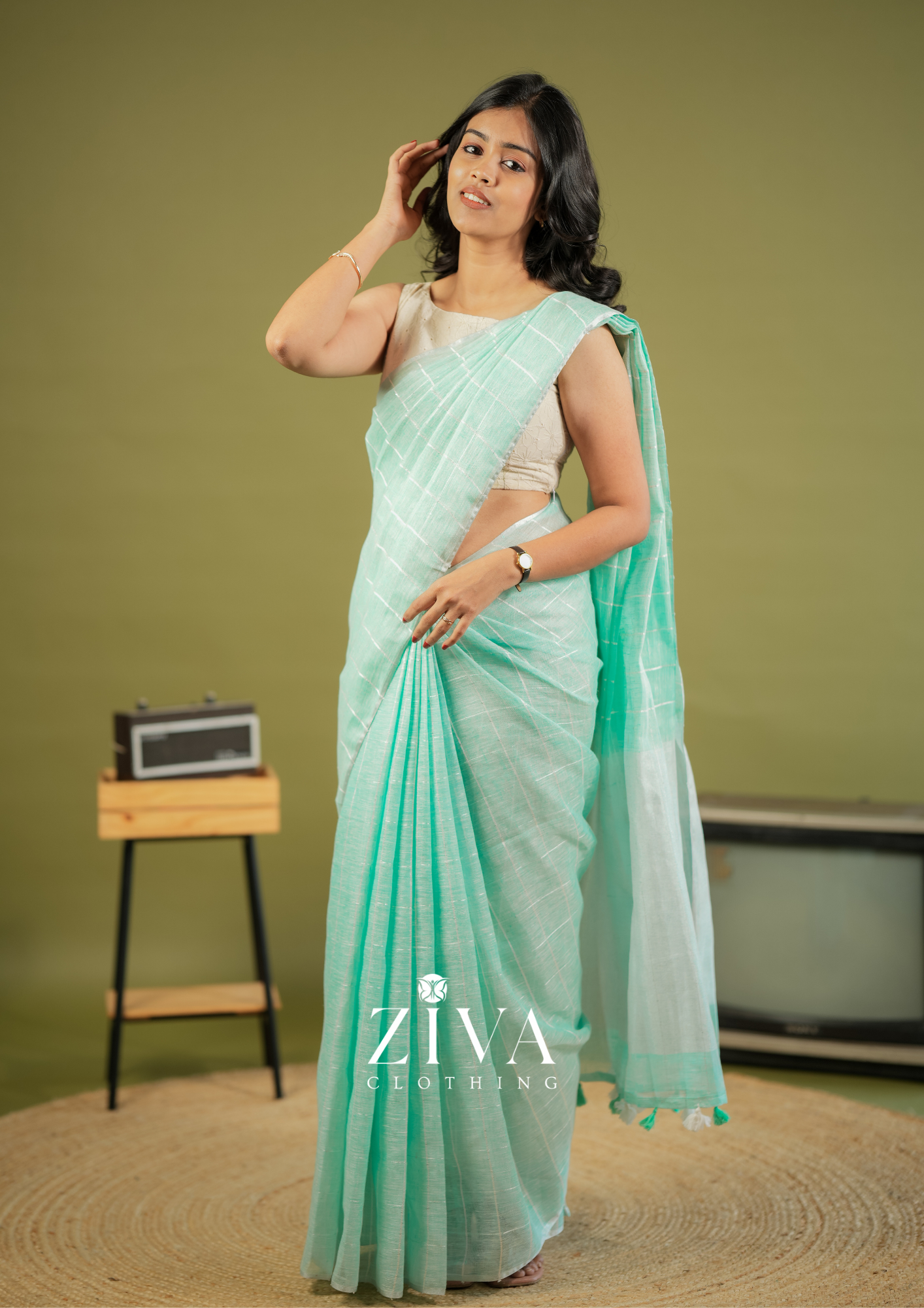 Green Linen Saree Woven With Sequins