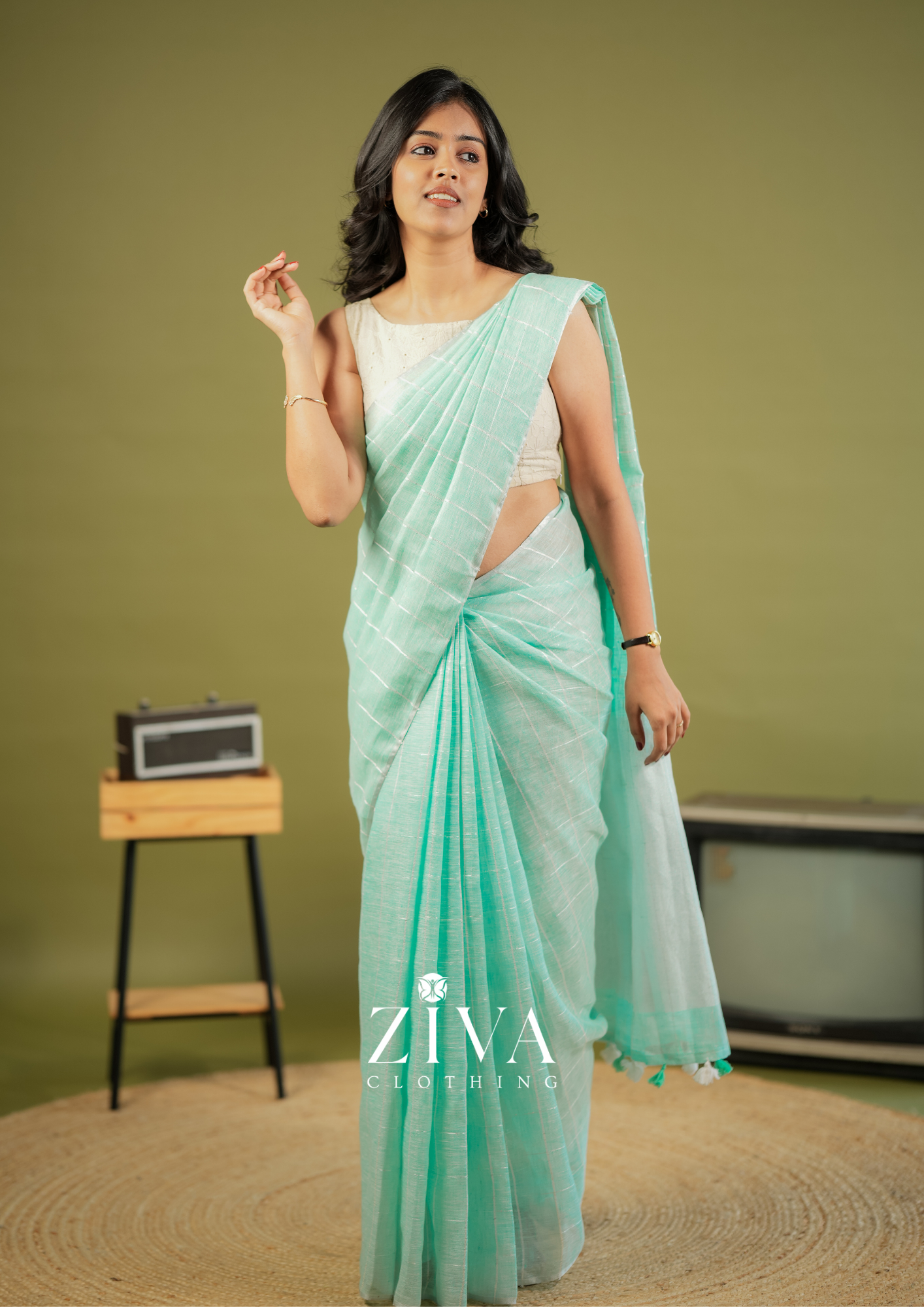 Green Linen Saree Woven With Sequins