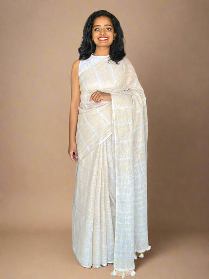 Cream Linen Saree With Woven Stripes