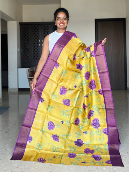 Yellow and Violet Tussar Silk Saree with Prints