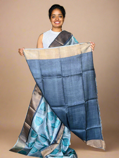 Grey and Black Tussar Silk Saree with Prints