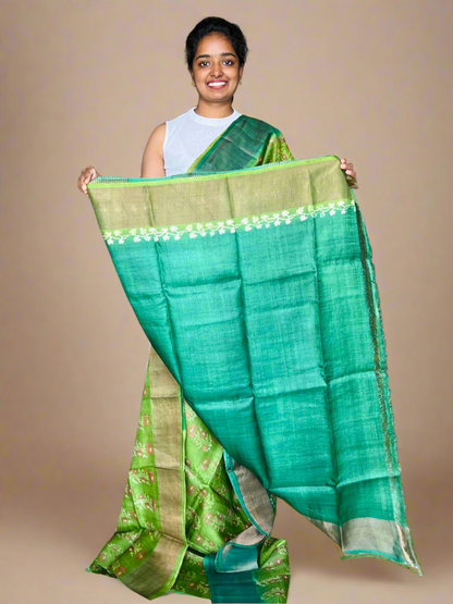 Green Tussar Silk Saree with Prints