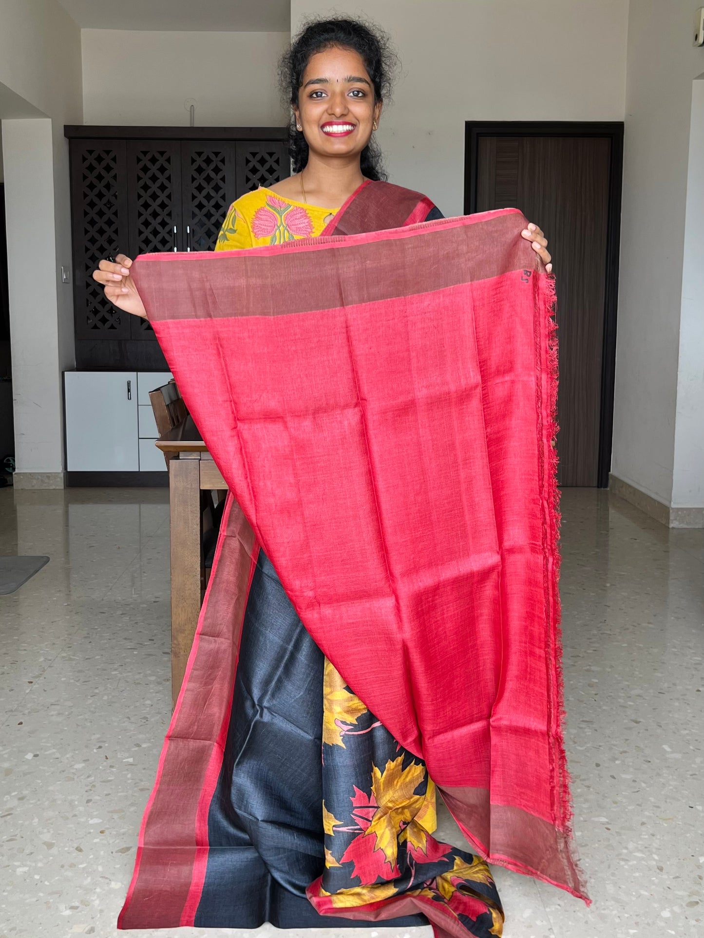 Black and Red Tussar Silk Saree with Prints