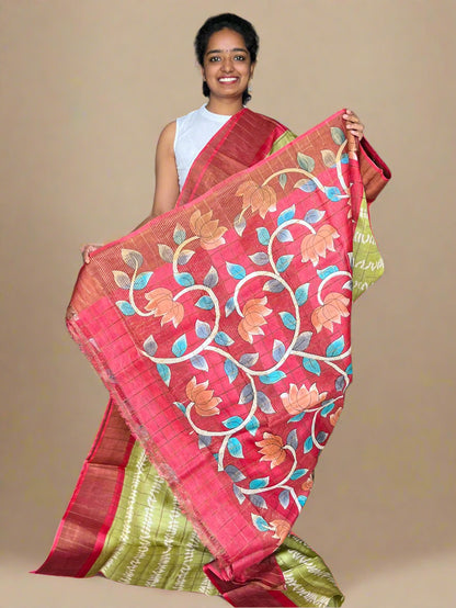 Green and Red Tussar Silk Saree with Prints