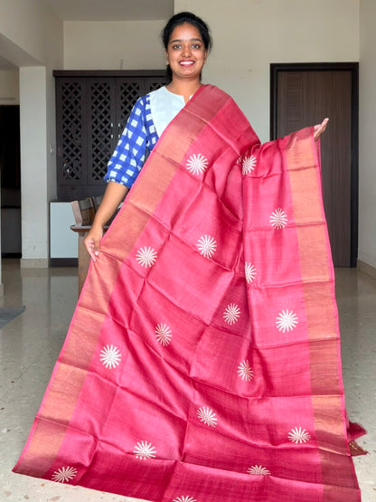 Red Tussar Silk Saree with Prints