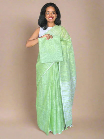 Green Linen Saree With Woven Stripes