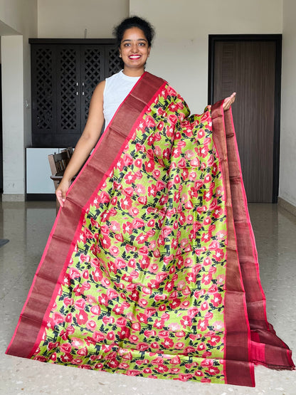 Green and Peach Tussar Silk Saree with Prints