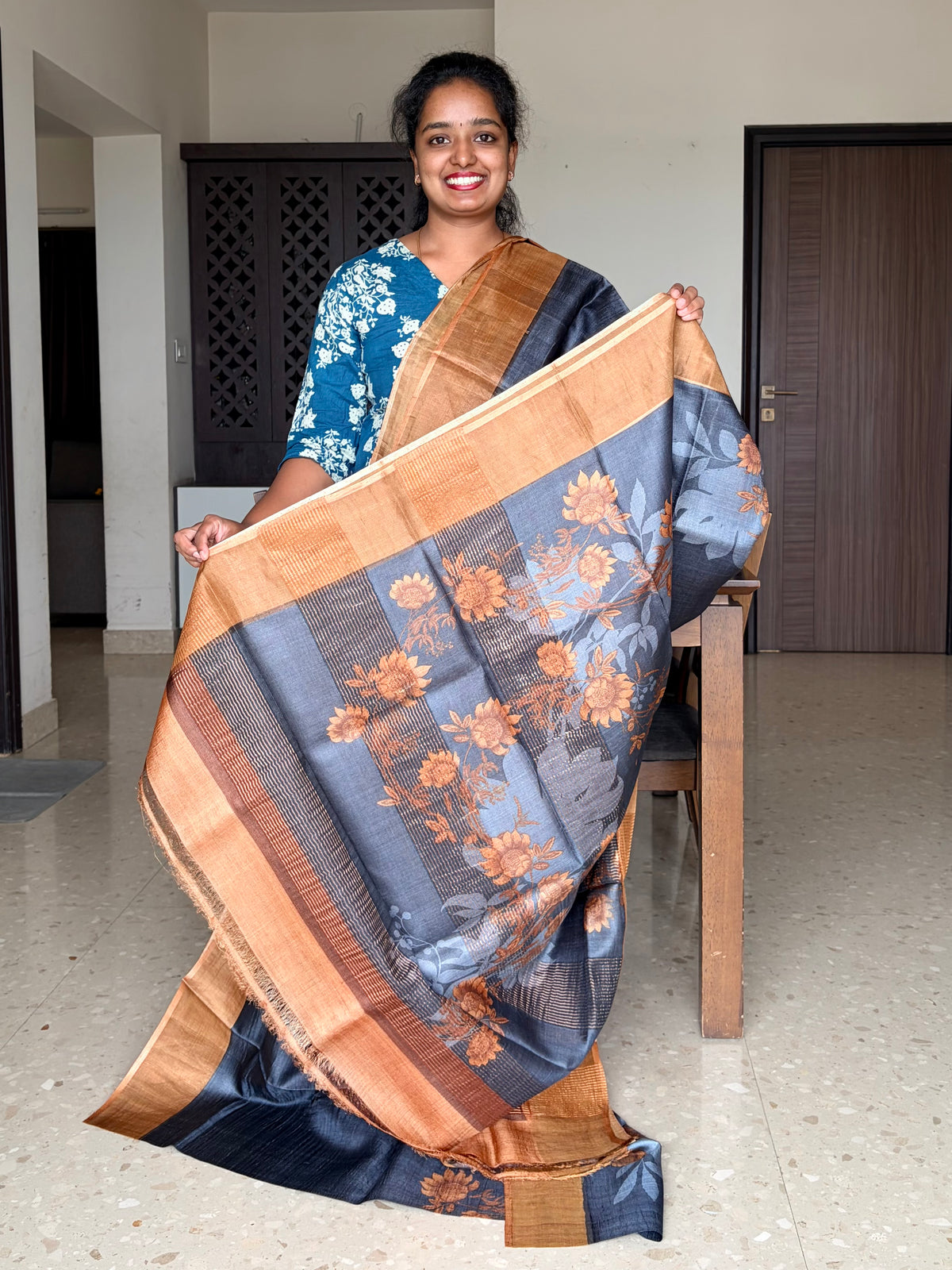 Black and Mustard Tussar Silk Saree with Prints
