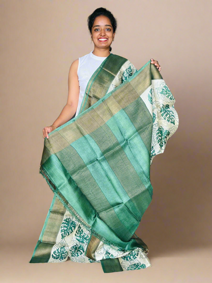 Cream and Bottle Green Tussar Silk Saree with Prints