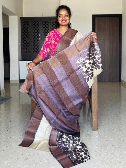 Cream and Brown Tussar Silk Saree with Prints