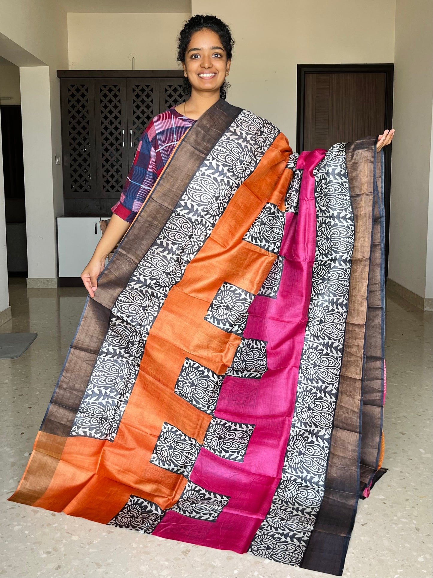 Orange and Pink Tussar Silk Saree with Prints