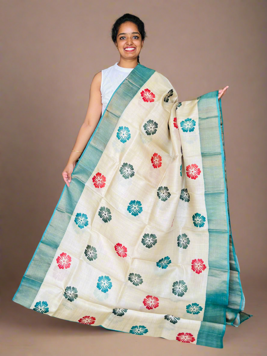 Cream and Blue Tussar Silk Saree with Prints