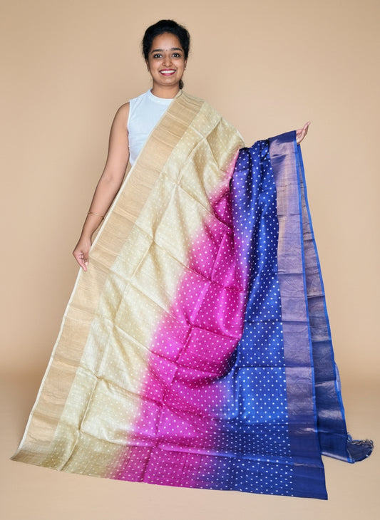 Sandal, Pink and Blue Tussar Silk Saree with Prints