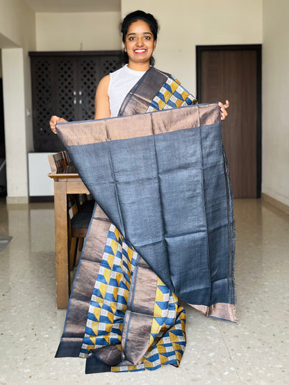 Yellow and Grey Tussar Silk Saree with Prints
