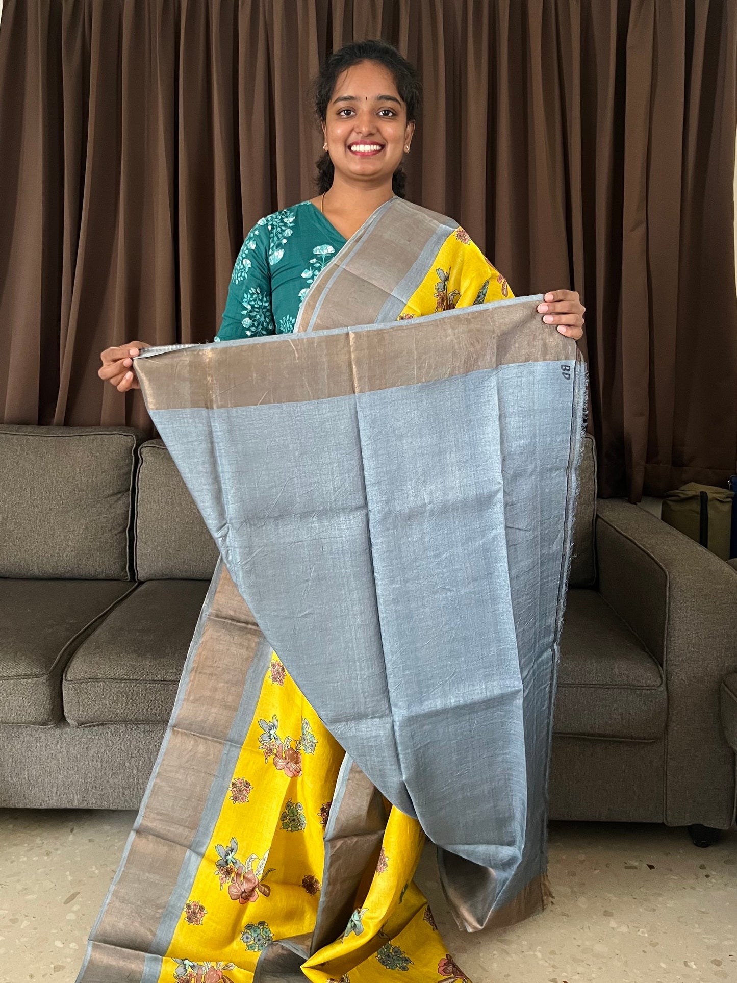 Yellow and Grey Tussar Silk Saree with Prints