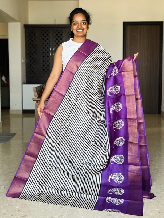 Black and Violet Tussar Silk Saree with Prints