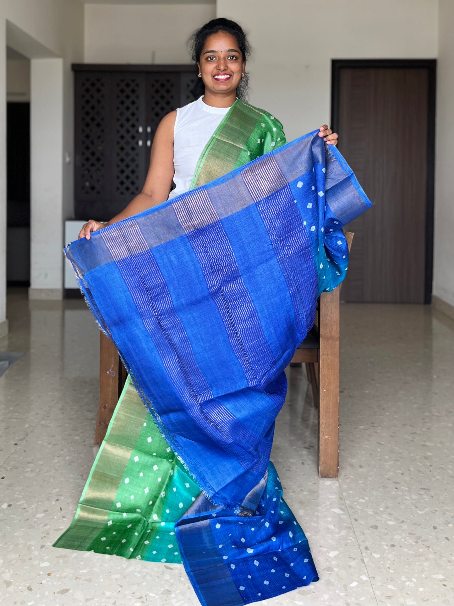 Green and Blue Tussar Silk Saree with Prints
