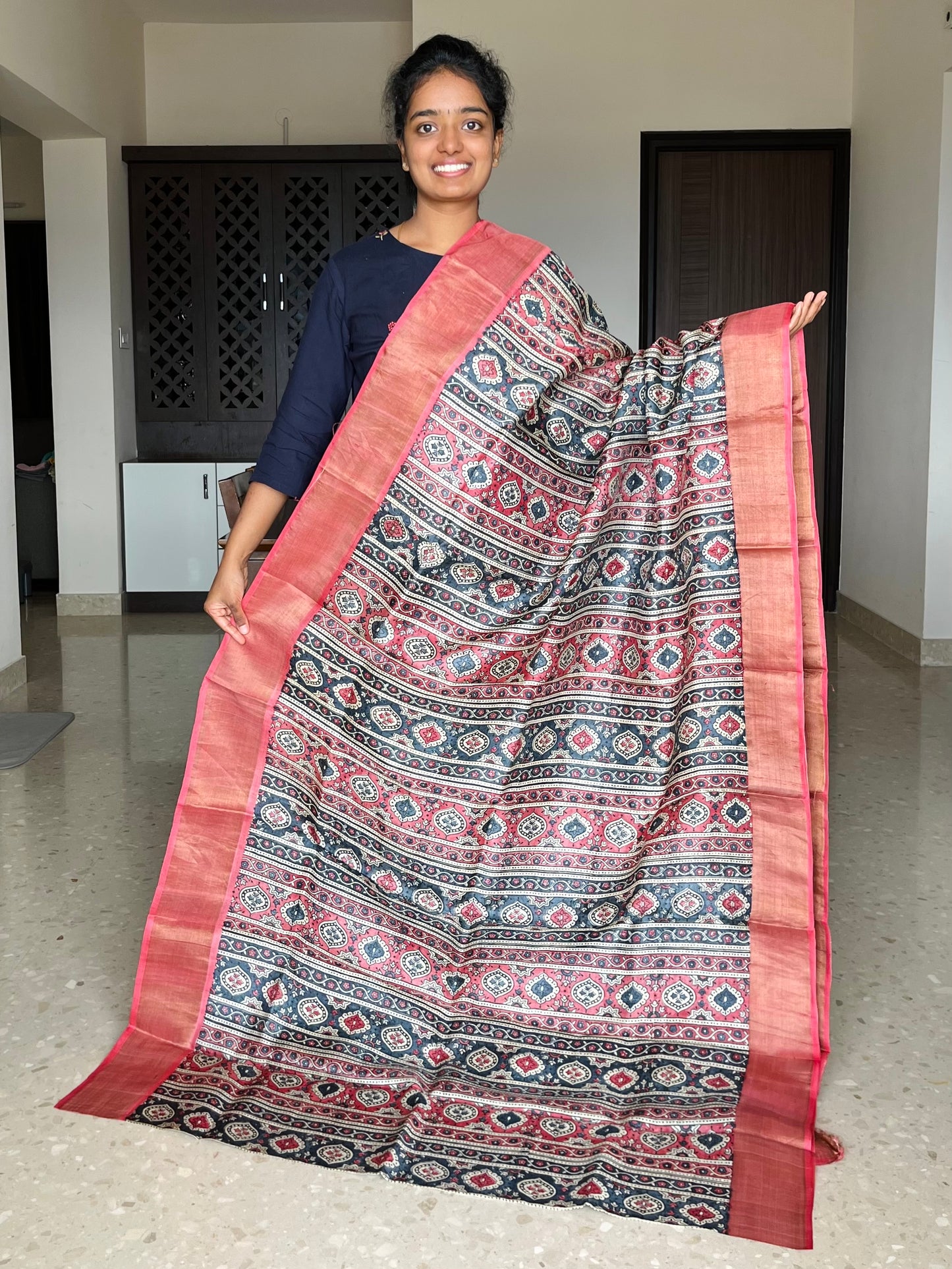 Grey and Red Tussar Silk Saree with Prints