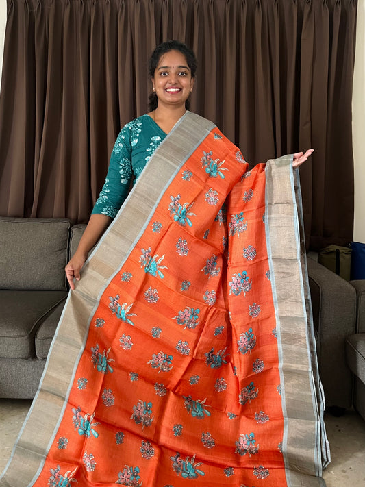 Orange and Grey Tussar Silk Saree with Prints