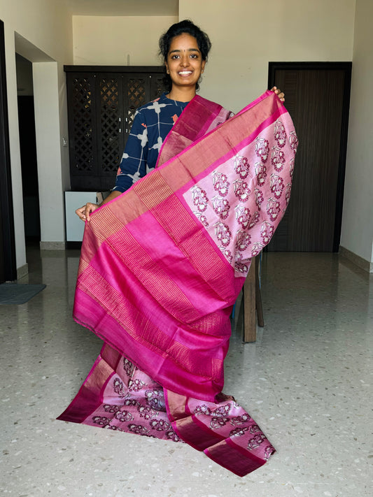 Pink and Magenta Tussar Silk Saree with Prints
