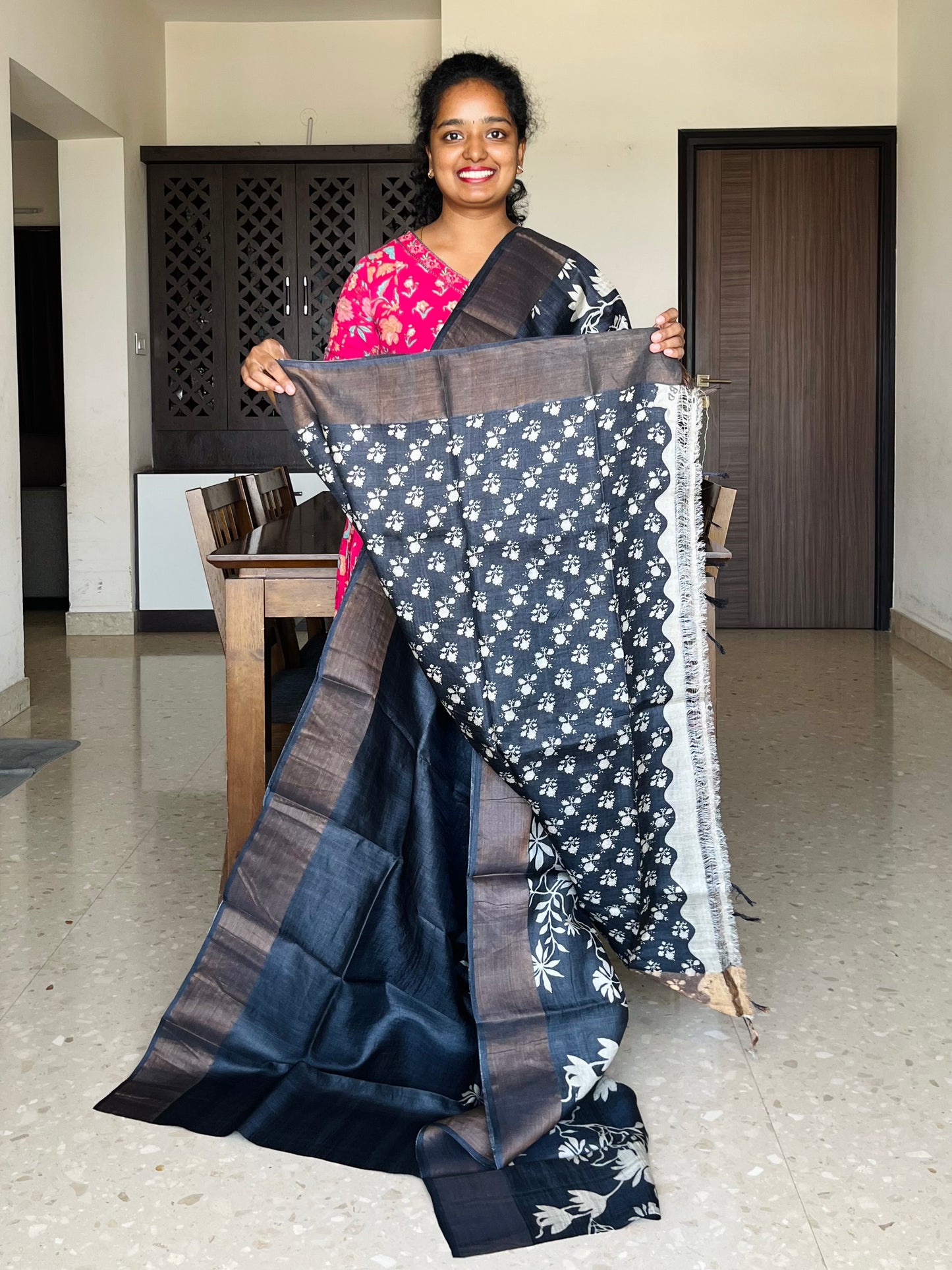 Black Tussar Silk Saree with Prints