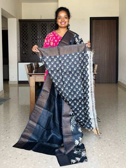 Black Tussar Silk Saree with Prints