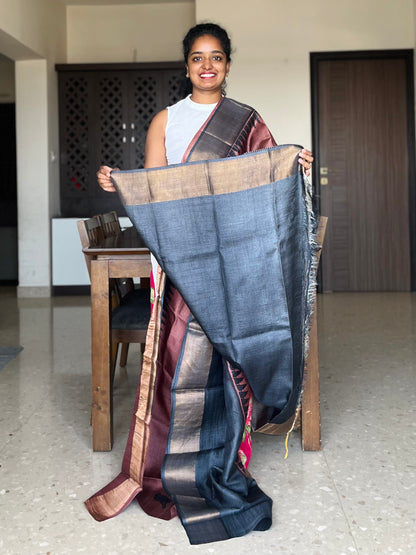 Brown and Black Tussar Silk Saree with Prints