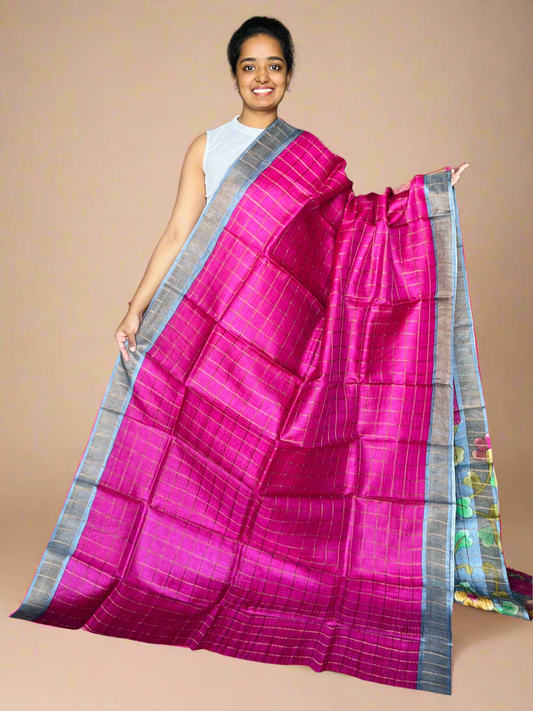 Magenta and Grey Tussar Silk Saree with Prints
