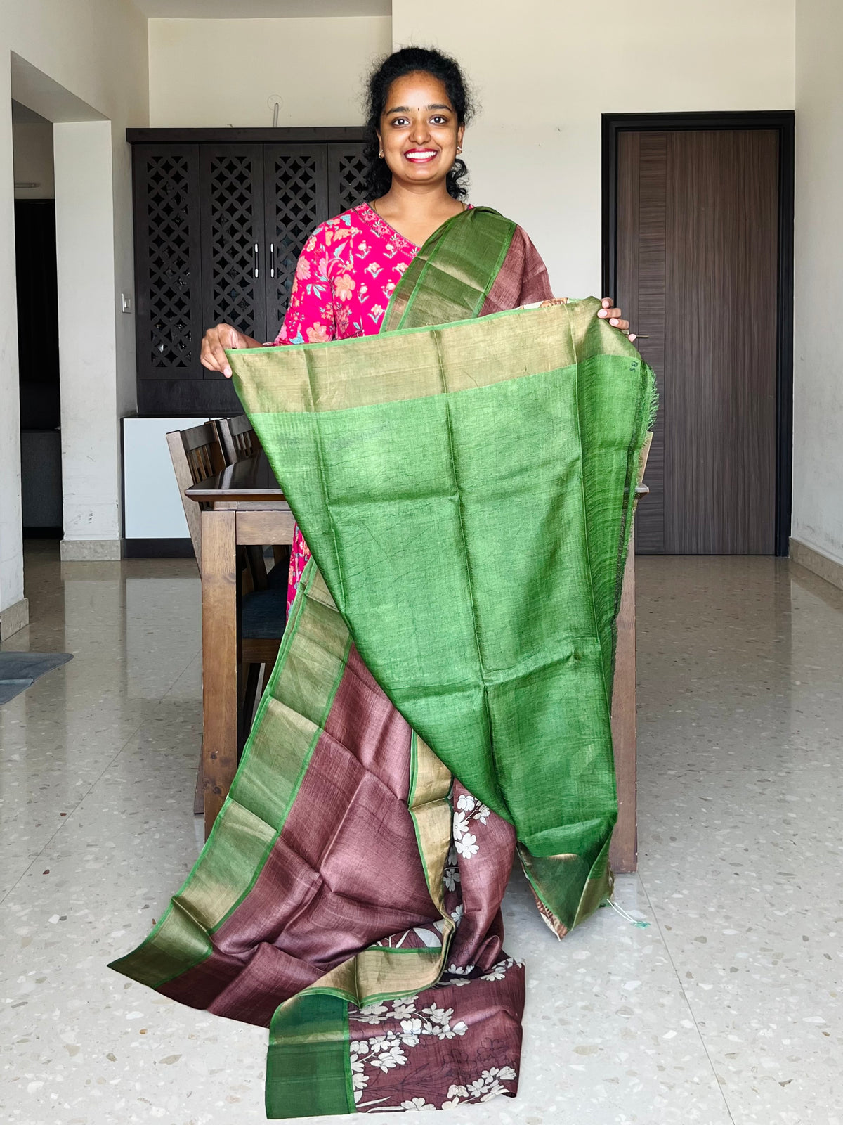 Brown and Green Tussar Silk Saree with Prints